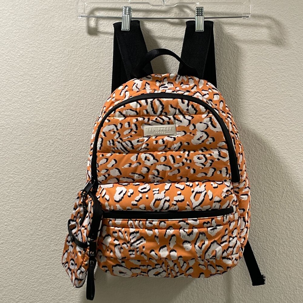 TED BAKER LONDON Nnel Puffer Laptop Bckpack Orange Black White Leopard Print 15"